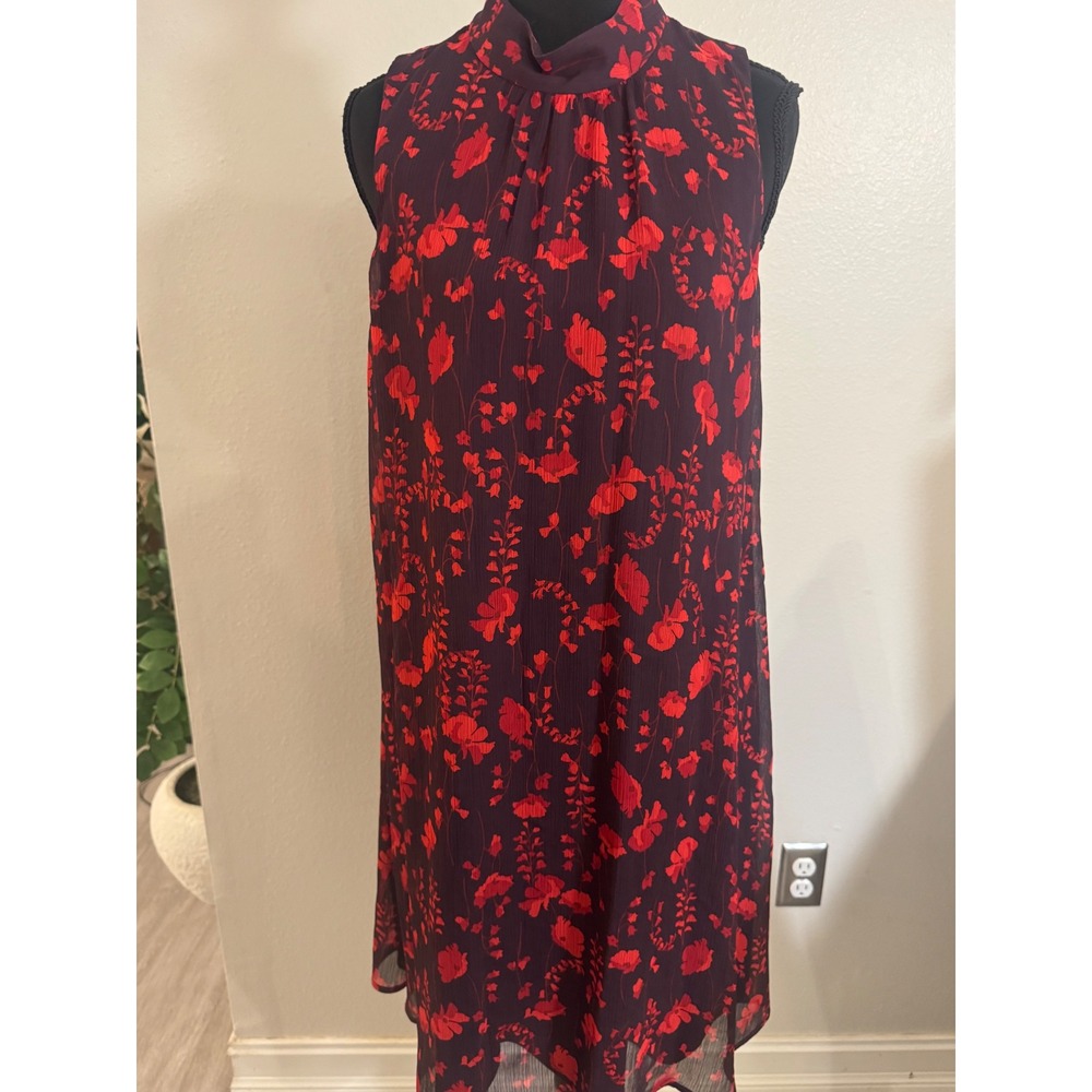 Tommy Hilfiger Red Floral Mock Neck Chiffon Shift Dress Plum Purple Sleeveless 6